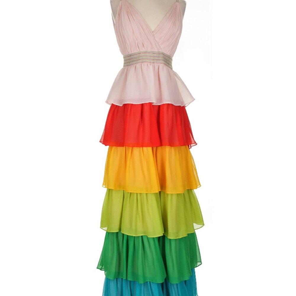 Alice + Olivia 2025 "Luba" Tiered Chiffon Rainbow Gown sz 4 - Picture 8 of 12